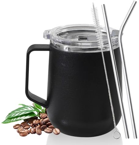 Kytpyi Tazzine Caffe, Tazza Termica, 450ml Doppio Strato Antiscottatura Termos Caffè con Coperchio 2 Cannuccia 1 Pennello, Acciaio Inossidabile Bicchiere Termico per Casa Scuola Ufficio (Nero)