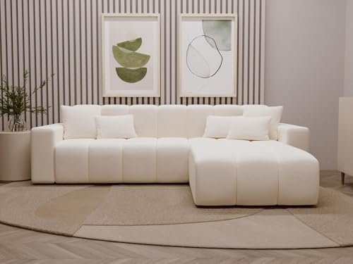 GRAINGOLD Nork Ecksofa 265x180 cm, L-Form Sofa, Ecksofa für Wohnzimmer, Velour, 4-Sitzer Eckcouch, Modernes Design (Creme, Rechts)