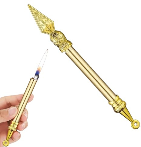 VIPAVA Vintage-Feuerzeug mit Schleifscheibe und weicher Flamme, nachfüllbar, handgeprägt, langes tragbares Butan-Fackelfeuerzeug aus Metall for Kerzen, Camping(Gold)