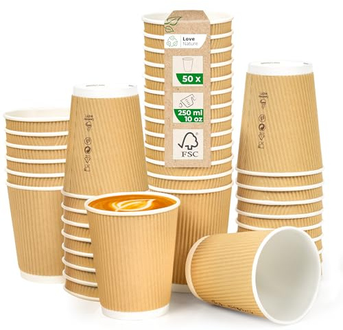 Love Nature Riffelbecher 250 ml 10 oz – Kaffeebecher to Go 50 Stück | Pappbecher aus Kraftpapier braun Kraftkarton von Kaffee, Tee, heißen und kalten Getränken