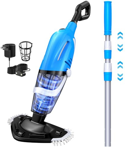 Aspirateur de piscine pour piscine hors sol avec un poteau télescopique, autonomie de 80 minutes, nettoyeur de piscine rechargeable portable avec aspiration puissante de 18,5 gallons/min pour piscines