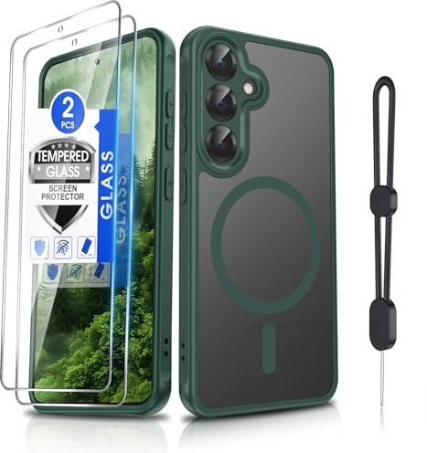 Dizn Magnetic Phone Case for Samsung Galaxy S24 Plus/S25 Plus with 2 Tempered Glass,Fit for MagSafe,Cellphone Lanyard, Matte Translucent Thin Soft, Protection Cell Cover for Samsung S24+/S25+,Green