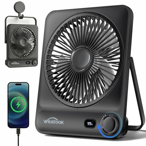 WHATOOK Ventilatore da Tavolo Portatile Ricaricabile 10000mAh, Autonomia 40h, USB C Silenzioso 30dB, 100 Velocità, Display Auto-Off, Griglia Lavabile, Gancio per Campeggio Ufficio Camera