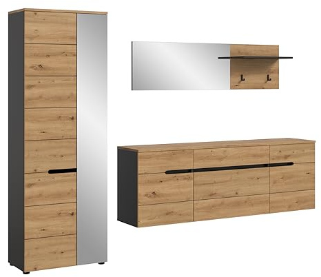 xonox.home – Garderobenkombination Canu 256x190x37 cm in Artisan Eiche & Basaltgrau – 3-teiliges Set aus Schrank, Hängeschrank & Spiegelpaneel – Moderne Wandlösung für maximale Ordnung