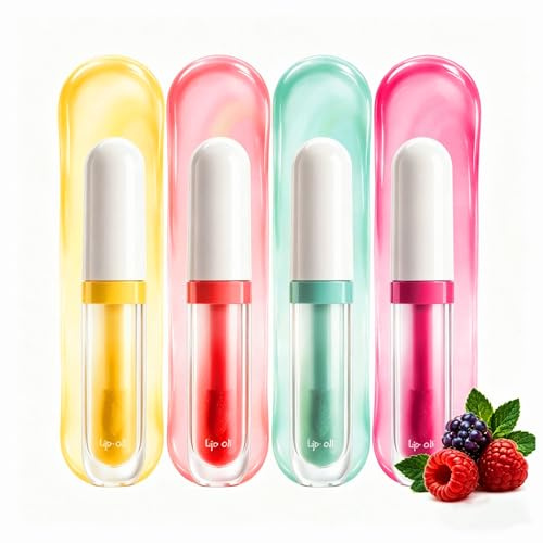 Lipgloss 4 Farben Set, Lip Oil mit glänzendem Finish, Make Up Schminke für Clean Girl Sommerlooks, Lip Tint Look, Beauty Kosmetik für Alltag Reise Geschenk, leichter Glossing Style