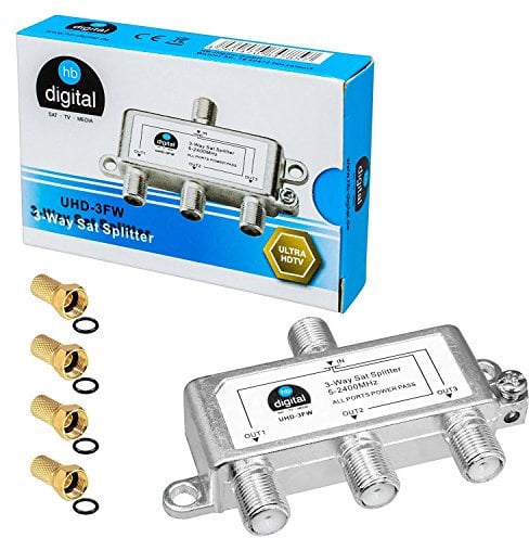 HB-DIGITAL Distribuidor de 3 vías (3 vías), 5 – 2400 MHz, digital y analógico, totalmente apantallado, SAT DVB-S DVB-S2, FM FM y DVB-C, incluye 4 conectores F a juego