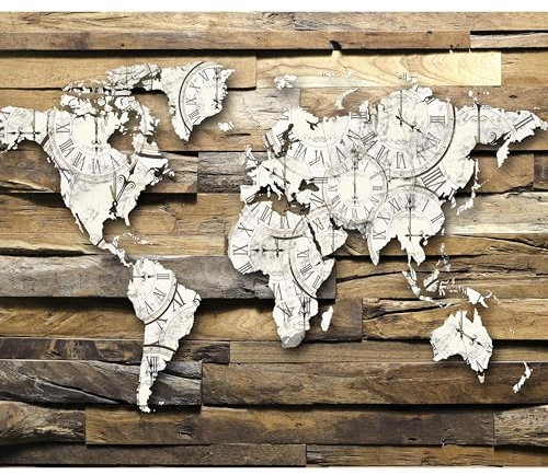 decomonkey Fototapete Weltkarte Holzoptik 350x256 cm XL Tapete Fototapeten Vlies Tapeten Vliestapete Wandtapete moderne Wandbild Wand Schlafzimmer Wohnzimmer Landkarte Holz Brett