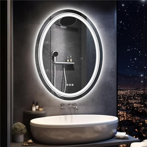 LUVODI Oval Badspiegel mit Beleuchtung: LED Badezimmerspiegel Hintergrundbeleuchtung und Frontbeleuchtung, Bad Spiegel Oval mit 3 Touchschalter Dimmbar 3 Lichtfarbe Beschlagfrei, 50x70 cm