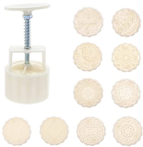 Faneli 11-teiliges Set Mondkuchen-Form, Handdruck-Maker + 100 g Blumen-Modus-Stempel, Blumen-Design, runde Ausstechformen aus Kunststoff, Backuntensilien zum Dekorieren von Gebäck