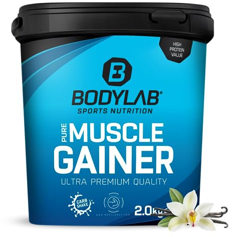 Bodylab24 Pure Muscle Gainer Vanille 2000g, 33g de glucides naturels, 40g de protéines et 12g de lipides pour 100g, enrichi en créatine monohydrate, shake parfait pour la prise de masse