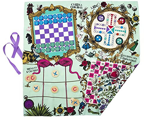 Professor PUZZLE Alice’s Party Games Mat - Alice in Wonderland Themed games mat with 5 classic family games, Chess, Draughts, Noughts & Crosses, Snakes & Ladders.