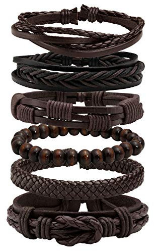 MILAKOO 6Pcs Braided Leather Bracelets for Men Women Wood Beads Bracelet Adjustable