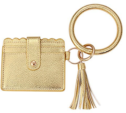 Santimon Schlüsselanhänger Geldbörse Damen Tasche Schlüssel Armband Kette Kunstleder Handtasche Schlüsseletui Kartenhalter mit Schlüsselbund Armreif (Gold)