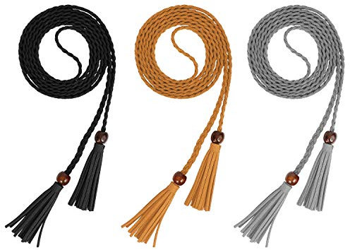 JasGood 3 Stück Damen Dünner geflochtener Taillengürtel Einfarbig Gewebte Quasten Gürtel, Schwarz/Braun/Grau, 165cm