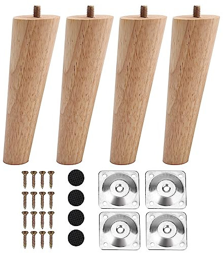 INMOZATA Möbelfüße Holz 4 Stück 15cm Tischbeine Konisch Möbelbeine aus Eiche mit Montageplatten Schrauben und Fußpolster für Schrank Sofa Couchtisch Natürliche Farbe