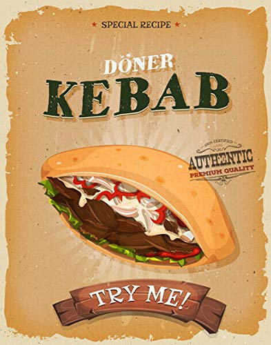 Blechschild mit Döner Kebab, Retro-Schild zum Mitnehmen, Fast Food, Männerhöhle, 20,3 x 30,5 cm