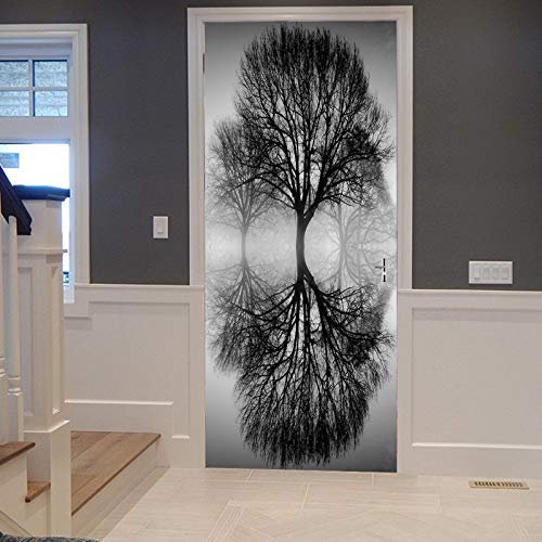 A.Monamour Türtapete Selbstklebend Türfolie Türposter 3D Baum Reflexion Im Fluss Wasser Natur Landschaft Monochrom Vinyl Folie Türdeko Tapete Wandbild Türaufkleber Türtattoo 77 x 200 cm