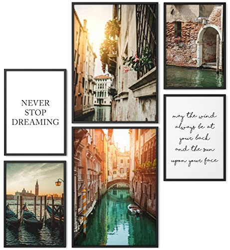 Papierschmiede® Mood Poster Set Venedig, Fertiges Bilder Set mit Rahmen (Holz, schwarz), Wohnzimmer Deko Schlafzimmer, 2x DIN A3 und 4x DIN A4, Wasser Stadt Italien