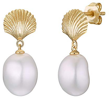 NOELANI Creolen 925 Sterling Silber Damen Ohrschmuck, mit Süßwasserzuchtperle, 2,3 cm, Gold, Muschel, Kommt in Schmuck Geschenk Box, 2031724