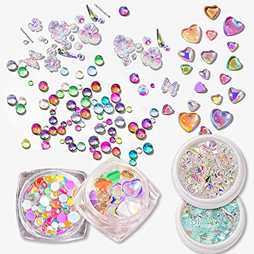 CHANGAR Diamantes de imitación de cristal de sirena 3D con diseño de mariposa y flor, corazón de amor, gemas mixtas, diamantes de imitación para decoración de uñas y diseño de manualidades (4 cajas)