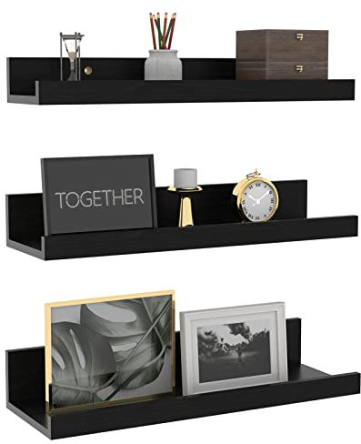 Giftgarden 40cm Black Floating Shelves for Wall Mount, Woodgrain Wall Shelf Ledge for Bathroom Bedroom Kitchen Living Room Office Storage, Set of 3 Different Sizes