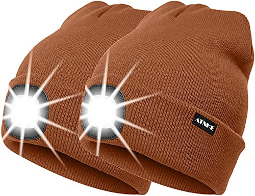 ATNKE 2Pcs Neue Warme LED beleuchtete Mütze,Unisex USB wiederaufladbare Laufmütze Ultra Bright 4 LED wasserdichte Lichtlampe Mehrfarbig (Rot Braun, Einheitsgröße)