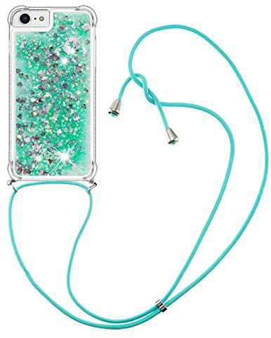 CaseLover Handykette Handyhülle für iPhone SE 2022/6/6S/7/8/SE 2020, Glitzer Flüssig Bewegende Treibsand Transparent Case mit Kordel zum Umhängen Necklace Hülle mit Band für iPhone 8/7, Grün