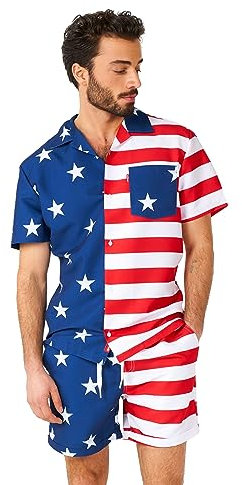 OppoSuits 2-teiliges Hawaii Sommer-Set für Herren - USA-Flaggen-Strand-Bademode - Inklusive Kurzärmligem Hemd und Shorts