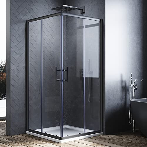 ELEGANT 800 x 800 mm Black Sliding Doors Corner Entry Shower Enclosure 6mm Extra Toughened Safety Glass Screen Cubicles