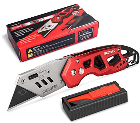 HAUTMEC Heavy Duty Folding Utility Knife, Aluminum Box Cutter with 11PCS SK2H Blades, EDC Safety Work Knife with Belt Clip & Carabiner for Fast-Cutting Tasks, HT0263