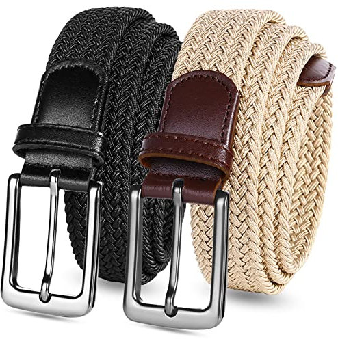 LOVMEAD Elastischer Gürtel Stretchgürtel Geflochten Herren Damen Wert 1 2 Stück, Golf Stoffgürtel Flechtgürtel Dehnbarer (2 Stück-Schwarz+Beige, 95cm/30’’-34’’ für Taillengröße)