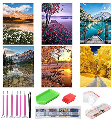 HonGien 5D Diamond Painting Kits, Diamant Malerei Kits, 6 Stück Diamant Painting Bilder für Kinder und Erwachsene, für Home Wall Decoration 30x40cm/12x16 (Kulisse)