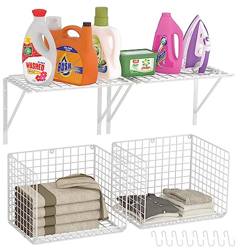 2 Pack Laundry Room Shelves Wall Mounted with Wire Baskets, Over the Washer and Dryer Shelf with Clothes Drying Rack, 8 Hooks，Wire Shelves Baskets for Laundry Closet Organization and Storage, White