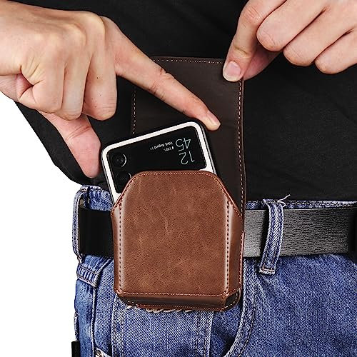 Leather Belt Clip Phone Holster for Samsung Galaxy Z Flip 5/4/ 3 5G/Motorola RAZR 40, Cell Phone Flip Case with Magnet Closure, Belt Pouch with Metal Clip (Brown)