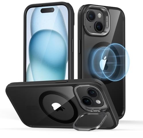 ESR für iPhone 15 Hülle Kompatibel mit MagSafe, Zertifizierte Militärschutz Handyhülle iPhone 15 Case, Integrierter Versteck Ständer Handyhülle, Kratzfeste Rückseite Schutzhülle, Klares Schwarz