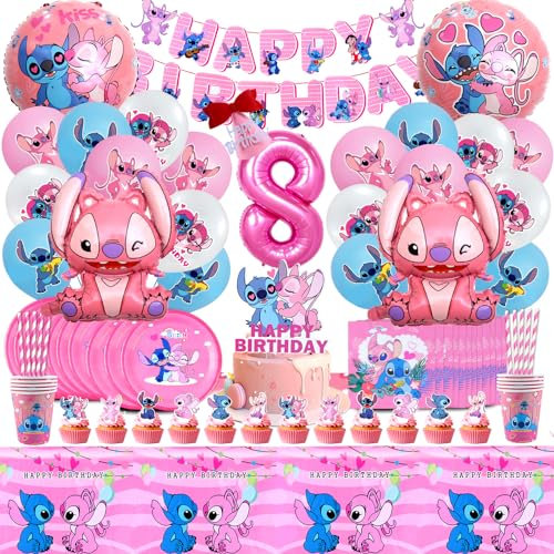 104 Pcs Stitc Anniversaire Decoration, Stitc Ballon Helium 8, Stitc Assiette et Gobelet, Serviette Papier, Stitc Nappe Gateau Deco, Kit Anniversaire Ballon Vaisselle Enfant 8 Ans