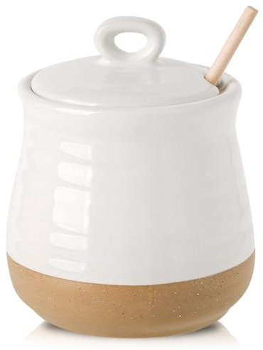 Hasense Ceramic Honey Pot with Lid, 12 Ounce Honey Jar with Lid and Wooden Dipper, Porcelain Honey Dipper Stick and Jar Set, Cute Honey Dish for Christmas Wedding Gift, Dishwasher Safe, White