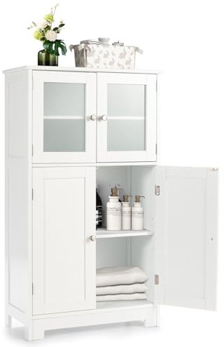 LIFEZEAL Badezimmerschrank, Badschrank mit Verstellbaren Regalen, Badkommode mit Doppeltür aus Glas, Aufbewahrungsschrank aus Holz, Multifunktionaler Seitenschrank für Küche, 30 x 60 x 109 cm (Weiß)