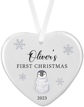 Personalised Sentimental Keepsake Baby's First Christmas Penguin Ceramic Heart Hanging Tree Bauble Decoration Gift (Organza Gift Bag)