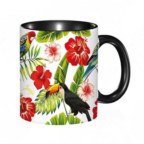 Tasse Keramik Tropischer Vogel-Tukan und mehrfarbiger Papagei auf dem Hintergrund von Palm-Bananenb Kaffeetassen Große 330ml Mit Henkel 100% Handbemalt Trinkgläser Mit Griff Personalisierte Geschenk