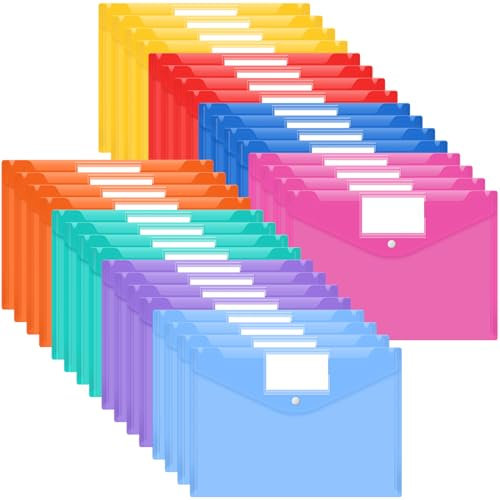 Smarpau 32PCS A4 Kunststoff-Ordner, klare Kunststoff-Ordner, A4 Umschlag-Ordner mit Registertaschen und Knöpfen für Schule, Haus, Büro, Reisebedarf (8 Farben)