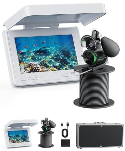 FourQ Underwater Fishing Camera, Ice Fishing Underwater Camera with 4.3 Inch HD Display, 65ft Cable, 12pcs IR Lights, 5000mAh Battery, Portable Box, 12-Month Warranty