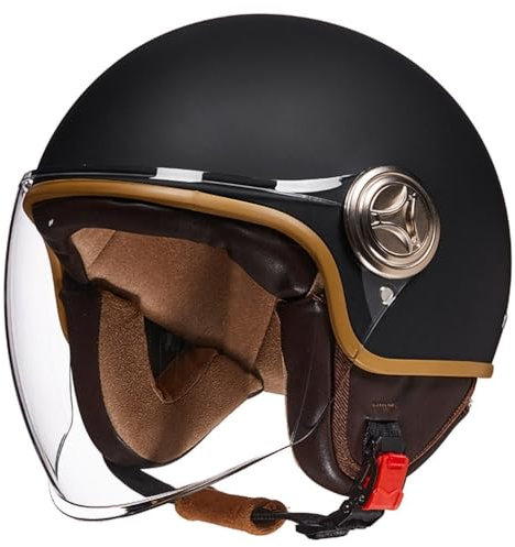 Vespa-Motorradhelm, Retro-Motorrad-Halbhelm, DOT/ECE-Zertifizierung, 3/4 offen, mit Visier, für Erwachsene, Herren und Damen, Leichter, atmungsaktiver Rollerhelm mit Schnellschnalle F,54-61CM