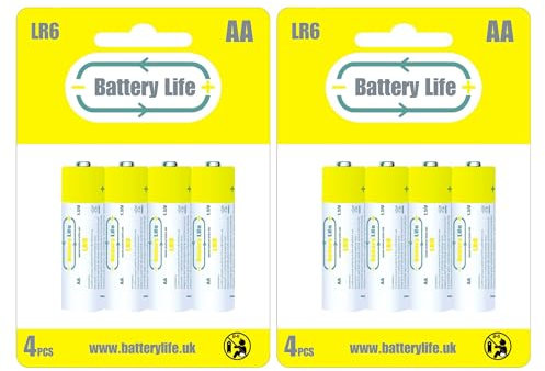 Battery Life Lot de 8 piles alcalines AA 1,5 V Double A - Durée de vie de 10 ans - Marque britannique