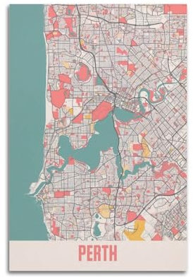 BPQN Poster, Motiv: Australien Perth, Vintage-Karte, dekoratives Gemälde, Leinwand, Kunstbild, 40 x 60 cm