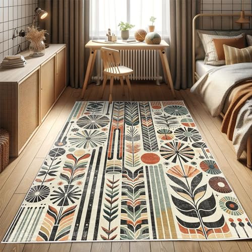 ABAKUHAUS Bohemian Dekorativer Teppich, Retro Abstrakt Mid Century, Hochwertiger Flächenteppich für Schlafzimmer und Wohnzimmer, 60x152 cm, Dunkelorange Reseda