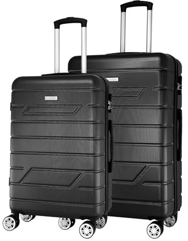 NOWI Bergamo Reisekoffer - Wasserabweisend, 8 Rollen 360° Drehbar, Teleskopgestänge, Voll gefütterter Innenraum (schwarz, Set 2tl.)