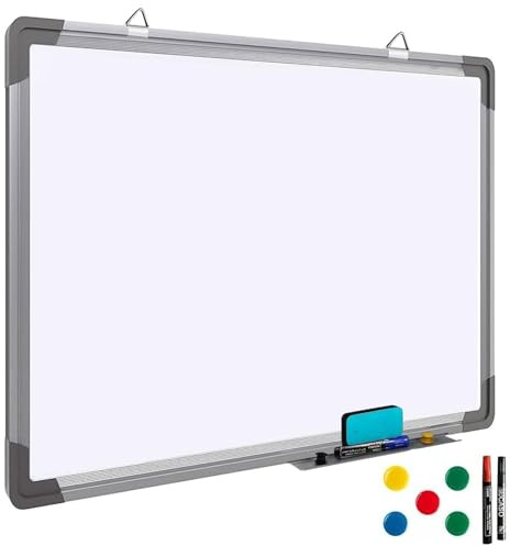 Magnetic Whiteboard 700 x 500mm with Pen Tray & Aluminium Frame | Lightweight, Hanging Dry Wipe Board, Pen Tray, Whiteboard for Office School and Home