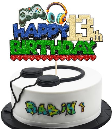 Ephlyn 1Pcs Happy 13th Birthday Cake Topper Glitter Video Game Cake Pick Game On Controllers Thirteen Cheers to 13 Years Cake Decoration for Game Theme Happy 13th Birthday Party Supplies