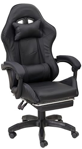 Baroni Home Silla Gaming con Respaldo Ergonómico Inclinable y Altura Ajustable, Silla de Oficina con Soporte Lumbar, Reposacabezas Acolchado y Reposapiés Extraíble, Negro, 58x66x114-124 cm
